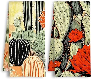 Western Cactus Floral Kitchen Towels, Boho Southwest Desert Dish Tea Towels, Retro Prickly Succulent Plants Decorative Hand Towel for Kitchen Bathroom, 16x24 Inch Set of 2