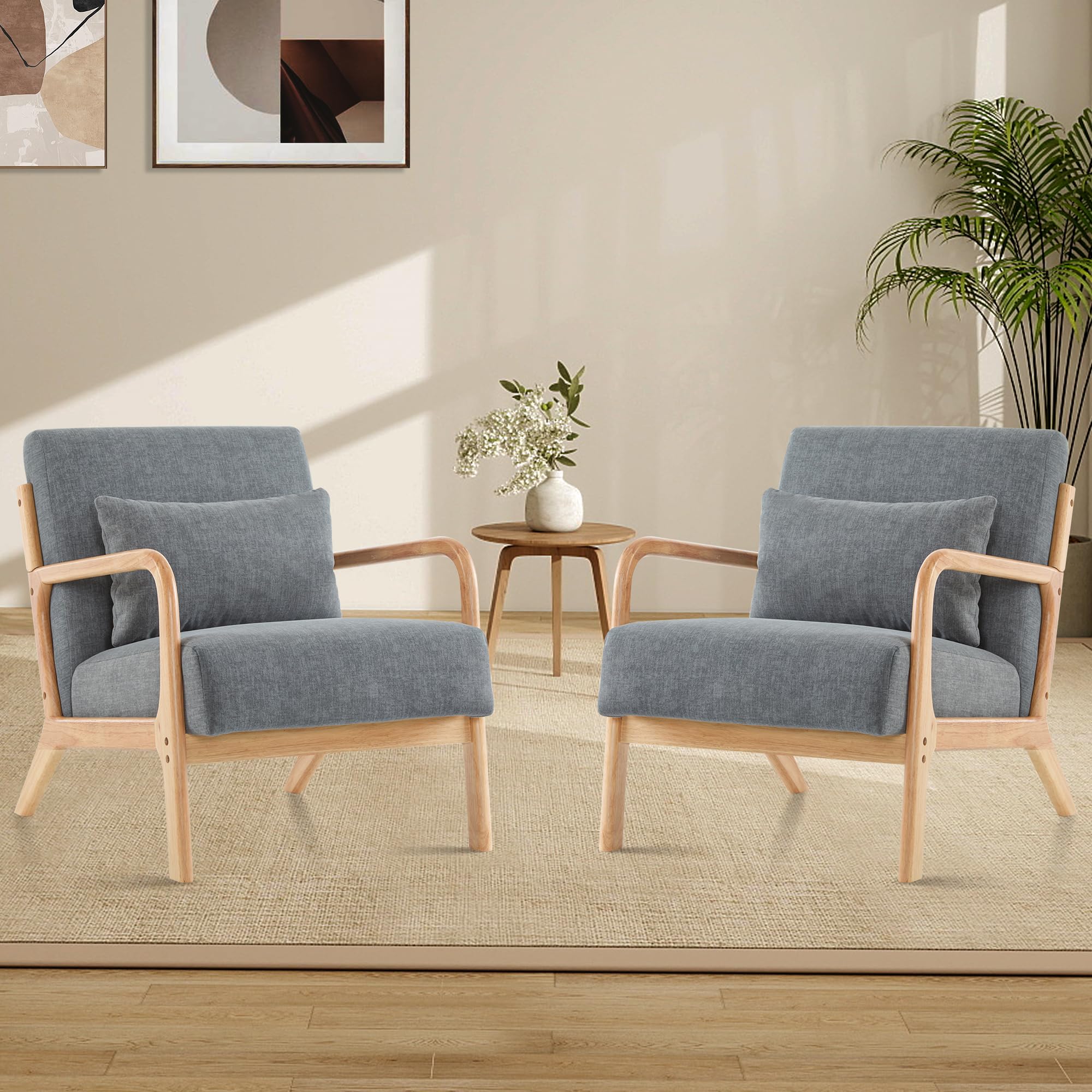 Aunekiv Midcentury Modern Accent Chair Living Room Armchair with Pillow, Upholstered Comfy Reading Chair with Solid Wood Frame for Small Spaces Bedroom Apartment Balcony, Green-Set of 2