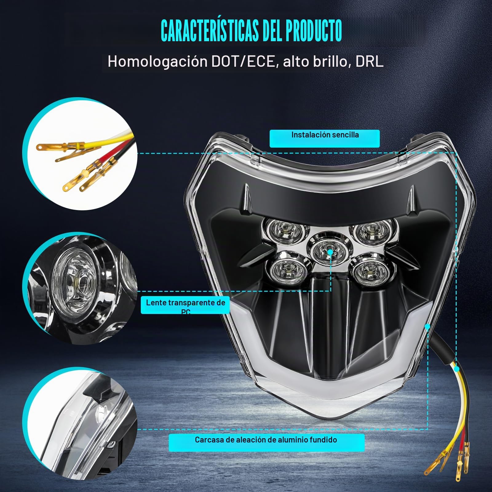 DREAMIZER Faro Delantero para Moto de Cross, Faro LED Universal DOT para Motocicleta para Motocross Enduro Supermoto EXC250 SX250 SXF250 EXC450 SX350 SXF450 EXC525 640LC4