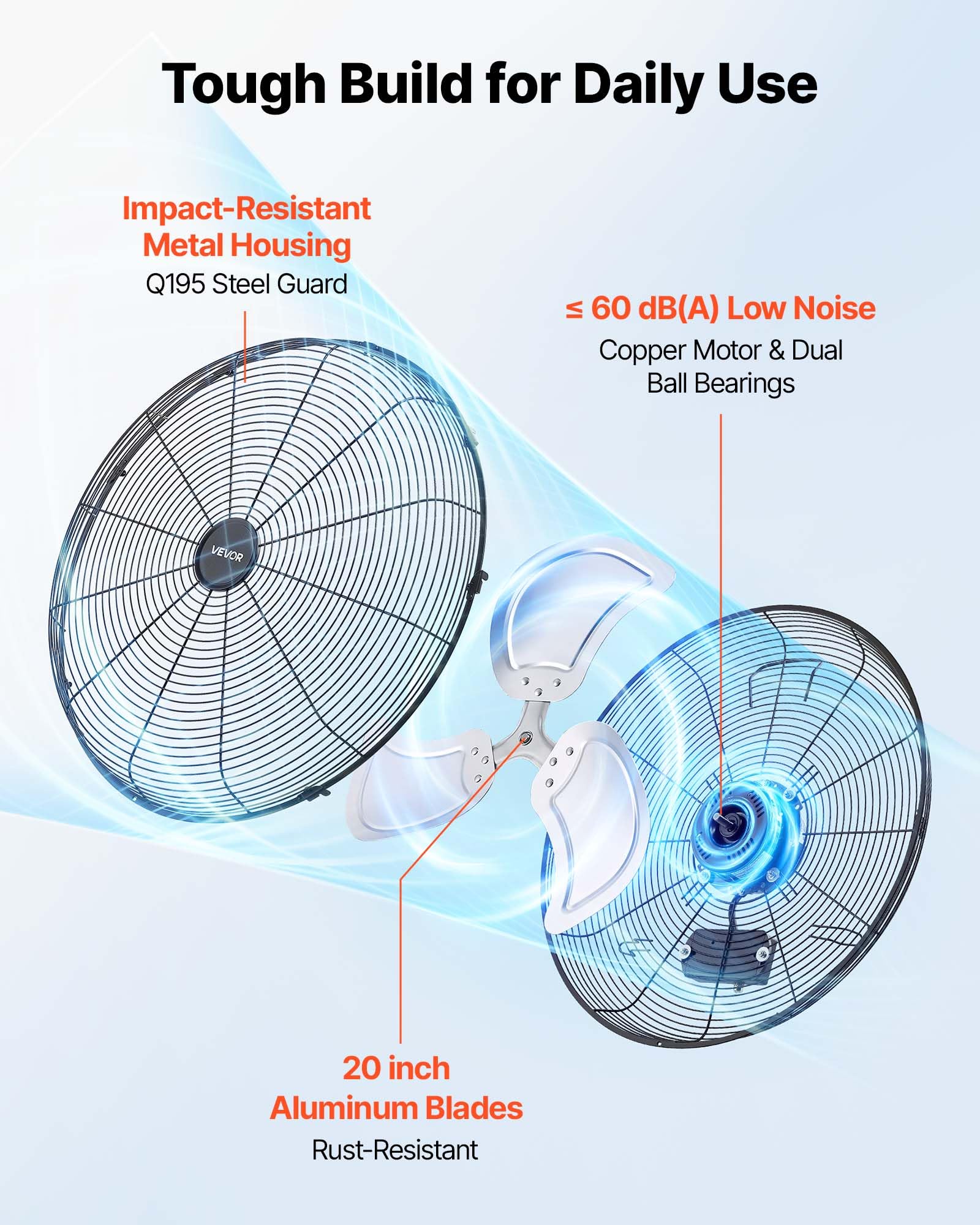 VEVOR Ventilateur Mural Industriel 50,5 cm Lot de 2, Ventilateur Mural pour Atelier, Garage, Entrepôt et Salle de Sport, 3 Vitesses, Angle Réglable, Pales en Aluminium, Grille en Acier au Carbone