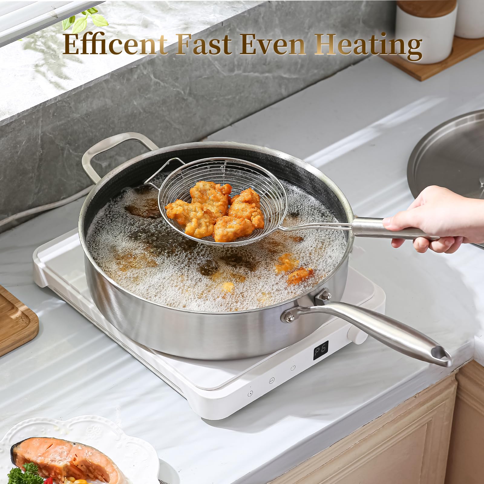 DELARLO Sartén de acero inoxidable de tres capas de 7 cuartos de galón, sartén grande de 12 pulgadas con tapa, sartén jumbo con tapa, estilo resistente compatible con todas las cocinas de hasta 343.3