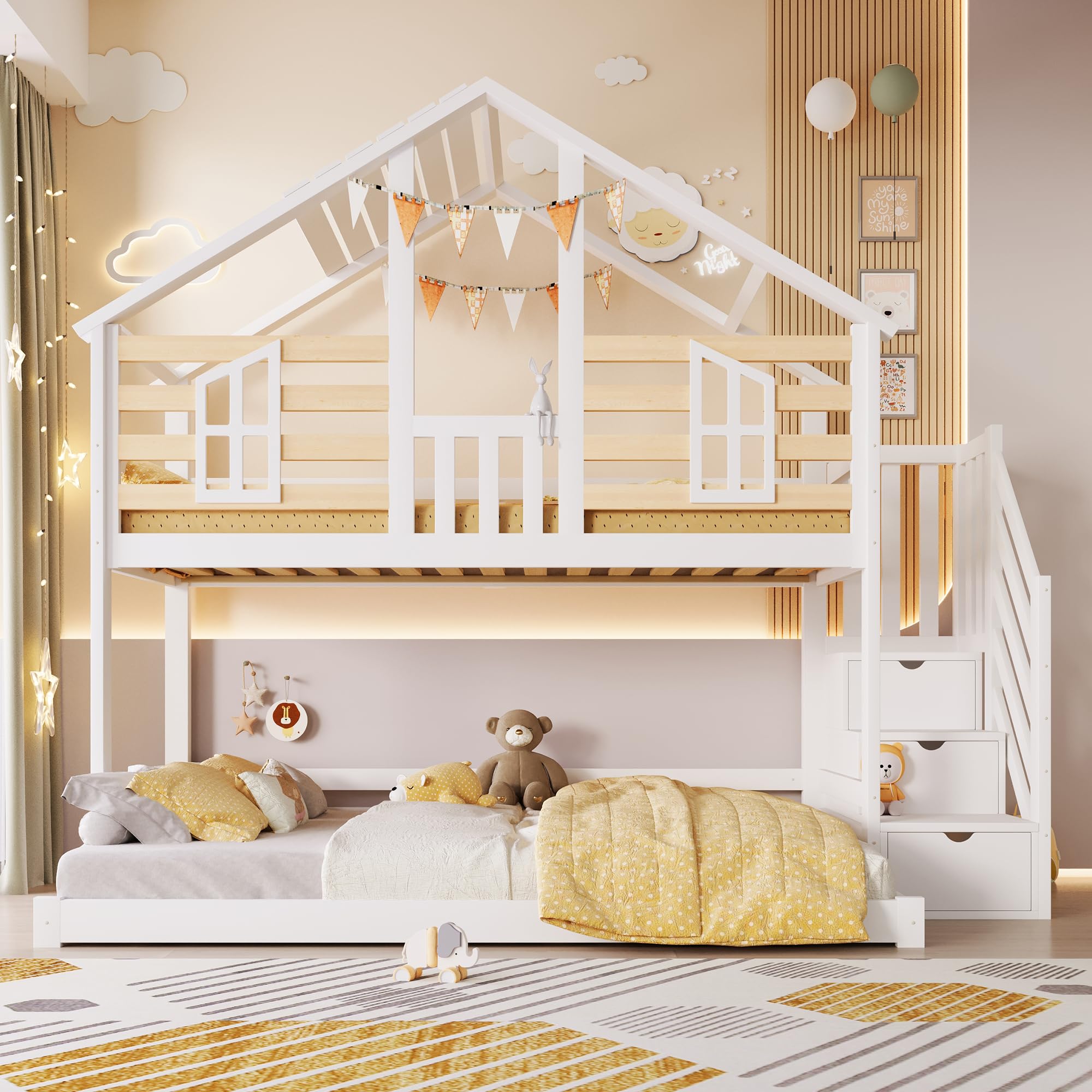 Letto a castello, 90x200cm + 140x200cm, design a casa, design con finestra, scaletta contenitore, letti di varie misure, senza materasso, bianco + naturale((Bianco + Naturale)-B)