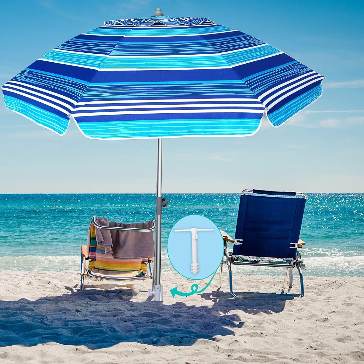 AMMSUN 7ft Heavy Duty High Wind Beach Umbrella with sand anchor & Tilt Sun Shelter, UV 50+ Protection Outdoor Sunshade Umbrellas and Parasols with Carry Bag for Patio Garden Beach Pool Backyard