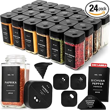 EDELHAUS Square Glass Spice Jars with Label and Black Rotating Lids 24 x 4oz Spice Containers with 240 Labels, Shaker Inserts, Silicone Funnel, Empty Square Empty Square Seasoning Organizer