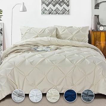 Tyfitb Pinch Pleat Duvet Cover Twin Size Beige Oversized Duvet Cover Set 2 Piece Floral Pintuck Bedding Set with Zipper Closure