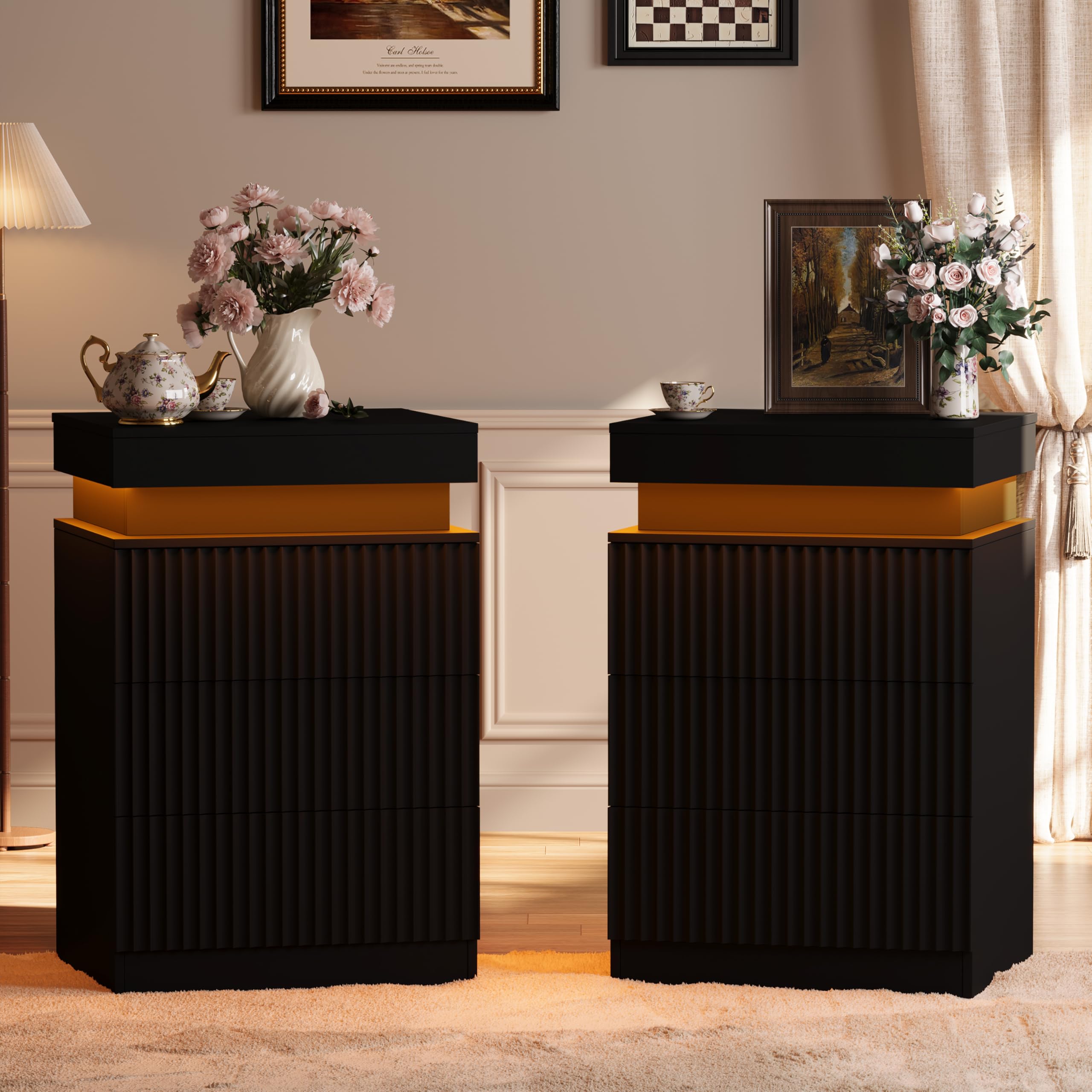 Nightstand Set of 2 for Bedroom, LED Nightstand with 3 Drawers and Charging Station, Mid Century Modern Fluted Nightstands, Bedside Tables &amp; End Tables, Black