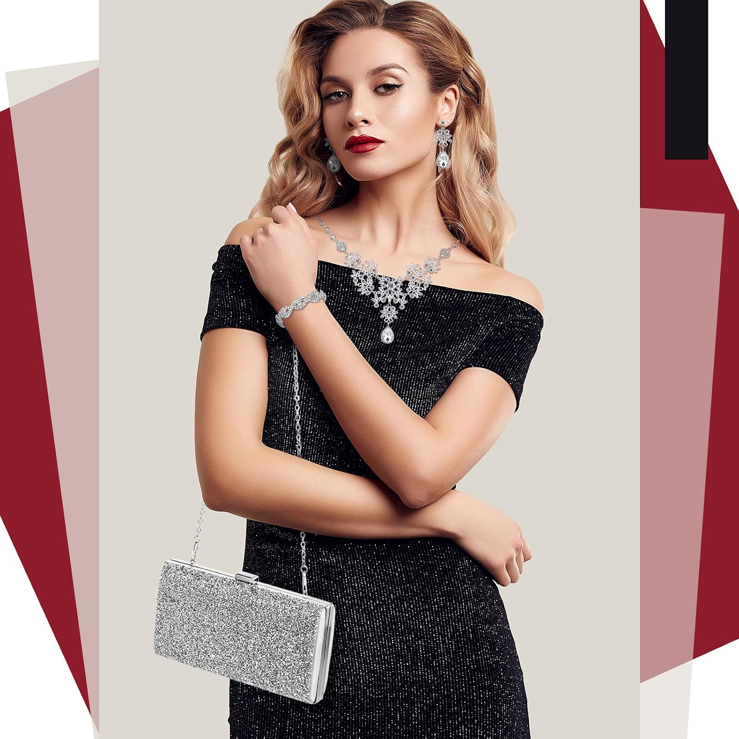4 Pieces Silver Clutch Purse Rhinestone Jewelry Set for Women Glitter Evening Clutch Bag and Crystal Dangle Earrings Bridal Wedding Necklace Bracelet Prom Jewelry Set for Wedding Bridal Evening Party