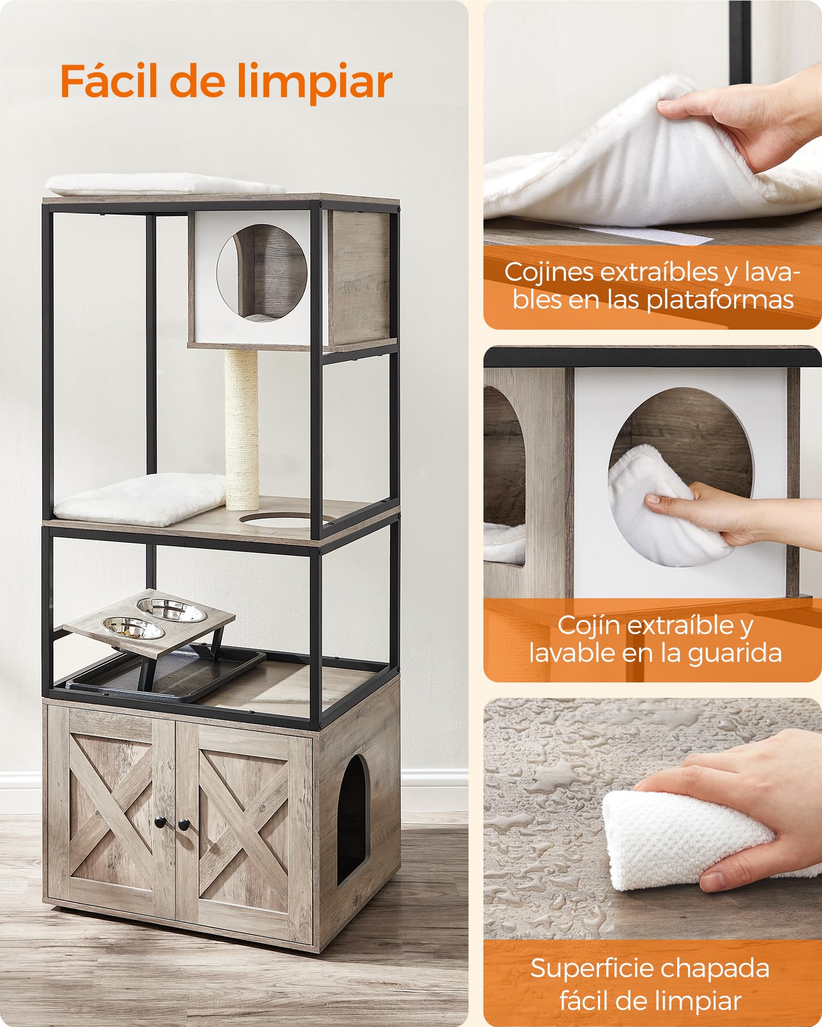 Feandrea Árbol para Gatos, Casa para Gatos con Mueble para Bandeja Higiénica, Soporte para Comedero Elevado, Tronco de Sisal, Cojines Lavables, Beige PCT312G01