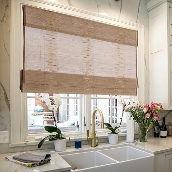 Sunbox Cordless Bamboo Roman Shades, Roman Blinds for Indoor Windows, Light Filtering Window Shades for Home, Office, Doors, Natural Dark Fall Brown