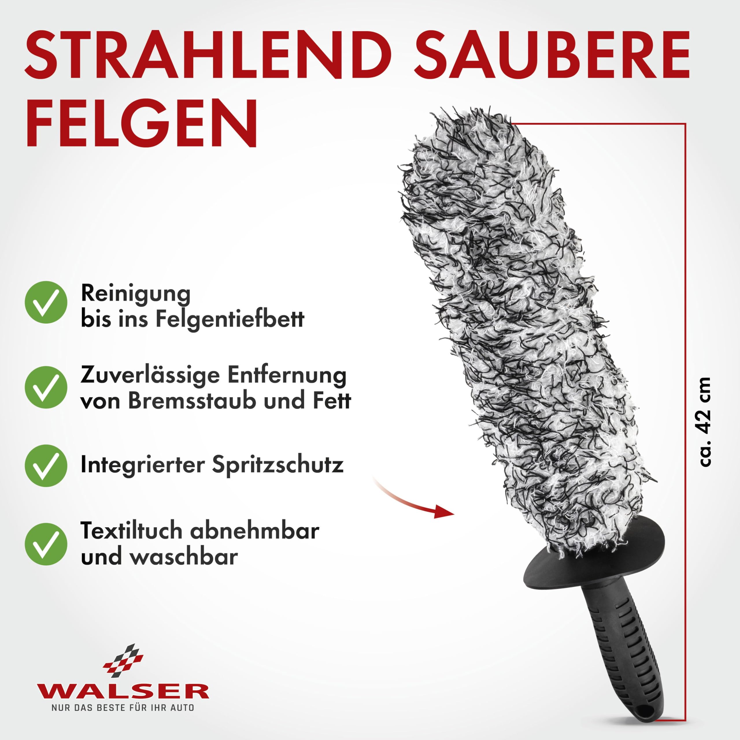 Walser Szczotka premium z mikrofibry, środek do czyszczenia felg z ergonomicznym uchwytem + ochrona przed pryskaniem do czyszczenia bez zarysowań i smug, elastyczna szczotka do felg samochodowych, 42