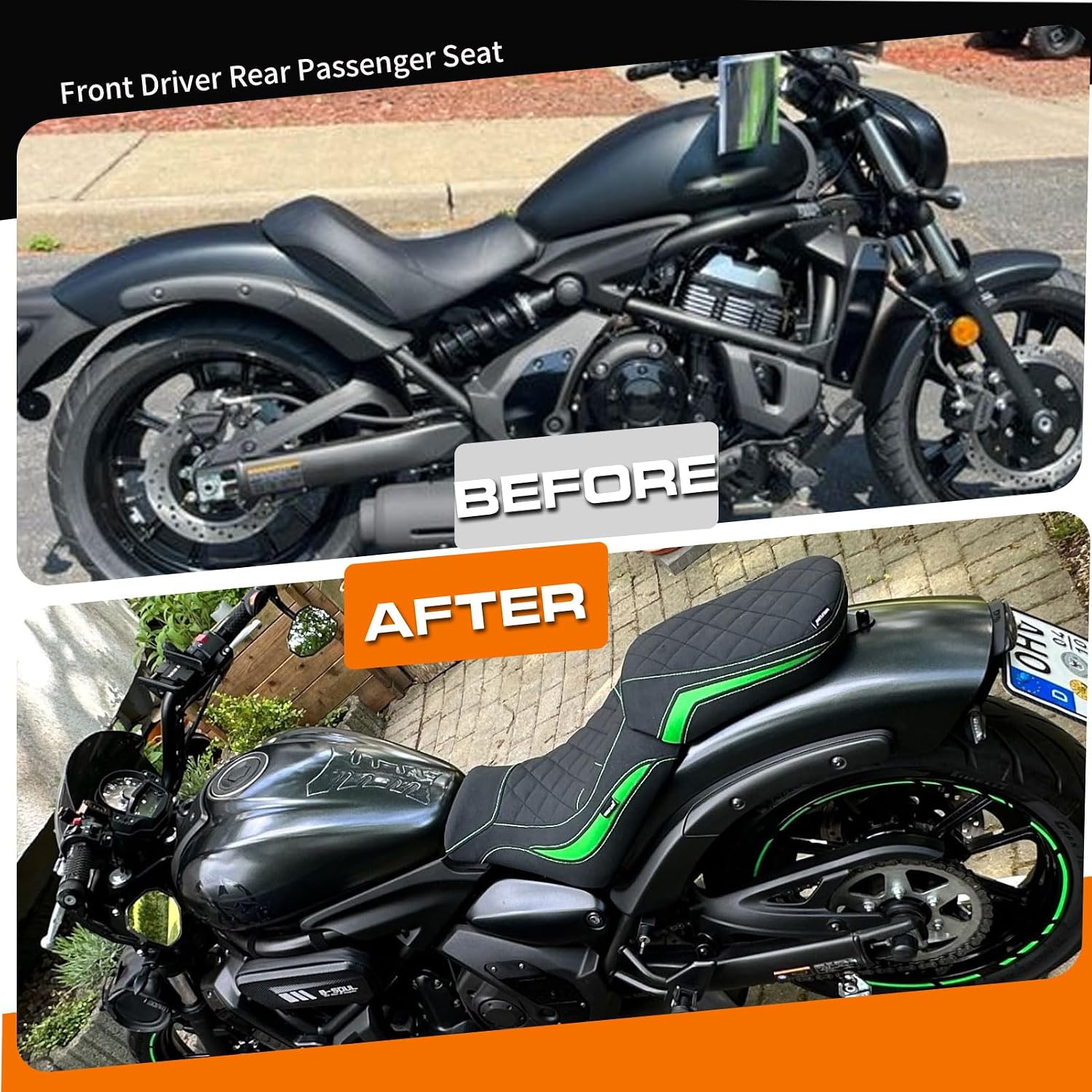 Motorcycle Front Driver Rear Passenger Seat Rider Pressure Relief Soft Pillion Compatible for Ka&wa&sa&ki Vulcan S 650 EN650 VN650 2015-2025 (Black-Rear seat)