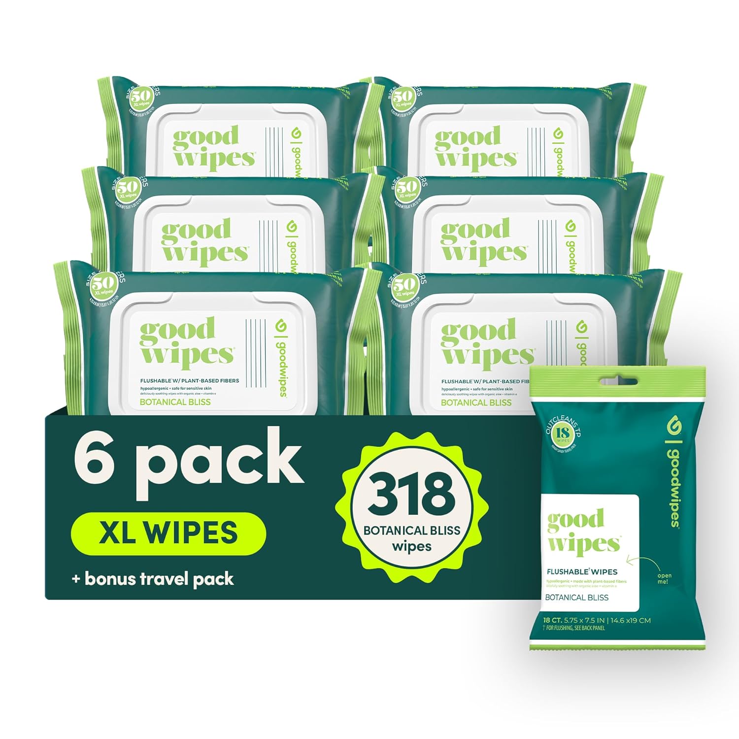 goodwipes Flushable Butt Wipes – Extra Large Adult Wet Wipes For Women & Men – Bathroom Essentials – Sewer & Septic Safe – Botanical Bliss, 318 Count (6 Packs + 1 Travel)