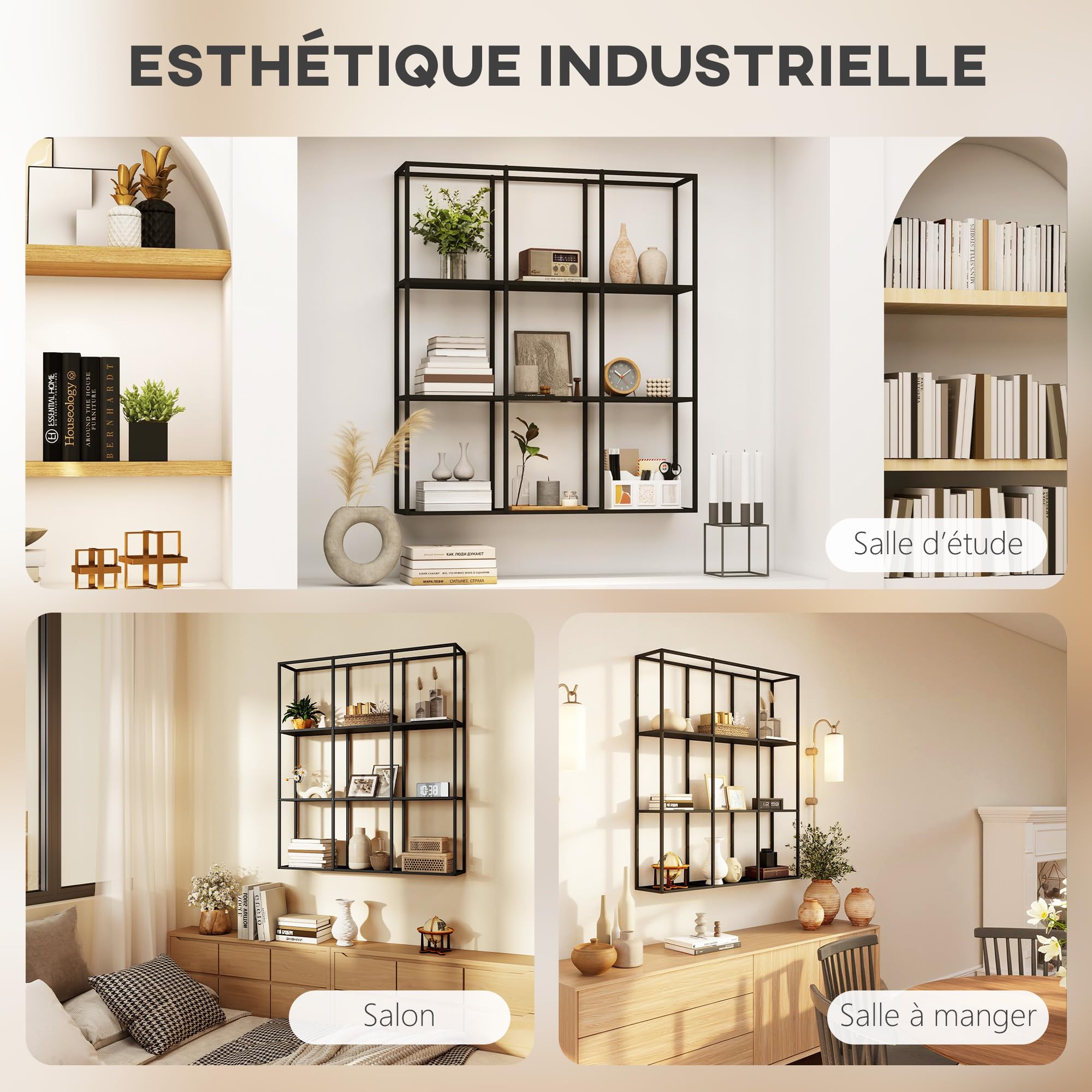 HOMCOM Estante de Pared Industrial 9 Compartimentos 87,5x18x100 cm Negro | Estante de metal, librería modular, estante decorativo, sala de estar, dormitorio, oficina.