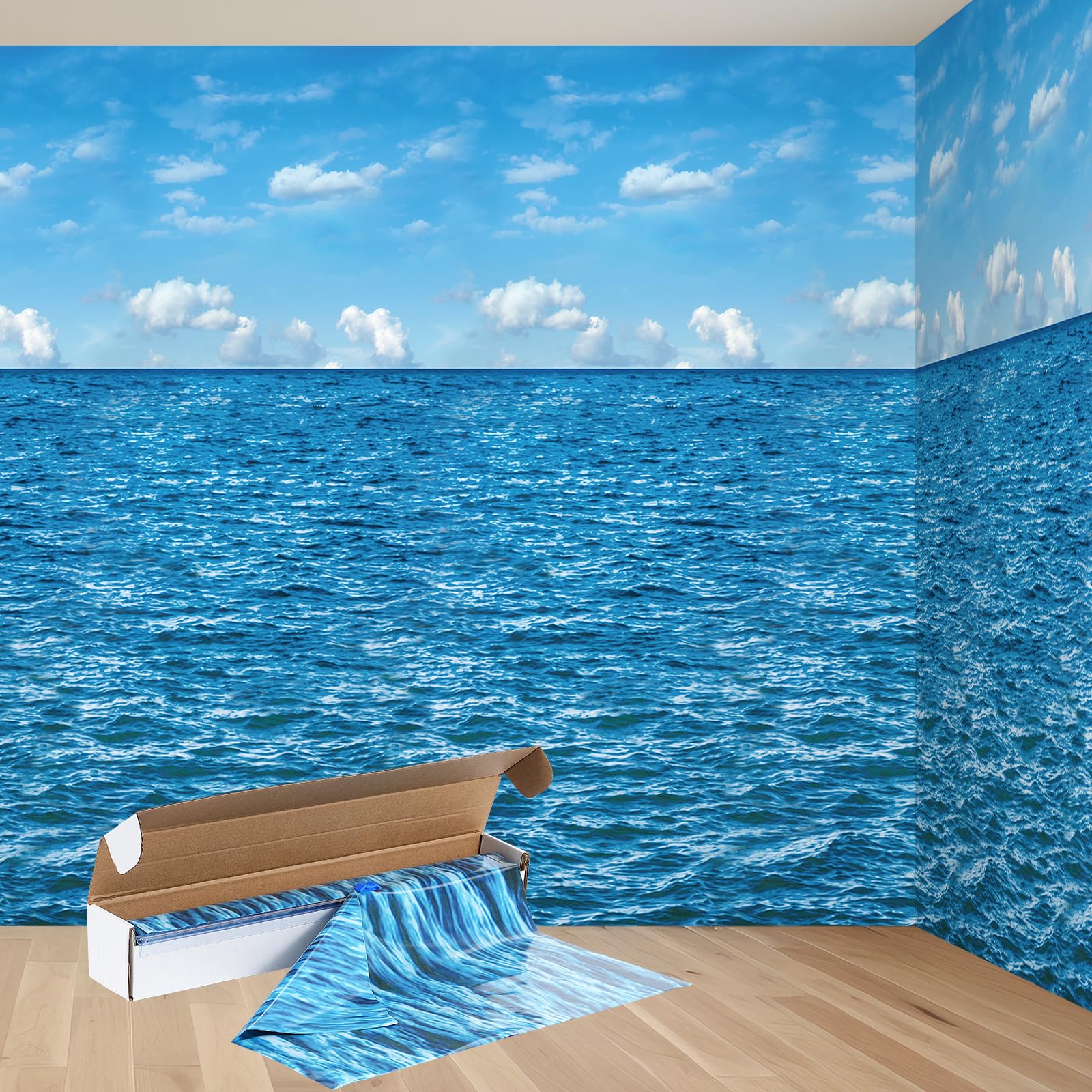 4.5x33 Ft Ocean Sky Wall Backdrop Decorations,Roll of Plastic Blue Ocean Sky White Clouds Photography Background,Under The Sea Natural Scenery