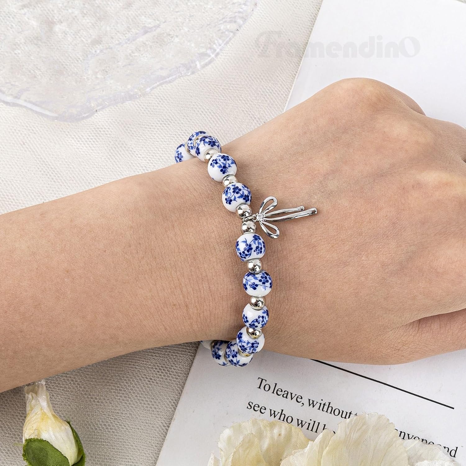 Framendino, Handmade Vintage Beaded Charm Bracelet for Women Stretch Floral Bow Design Jewelry Dainty Gift for Lady - Image 5