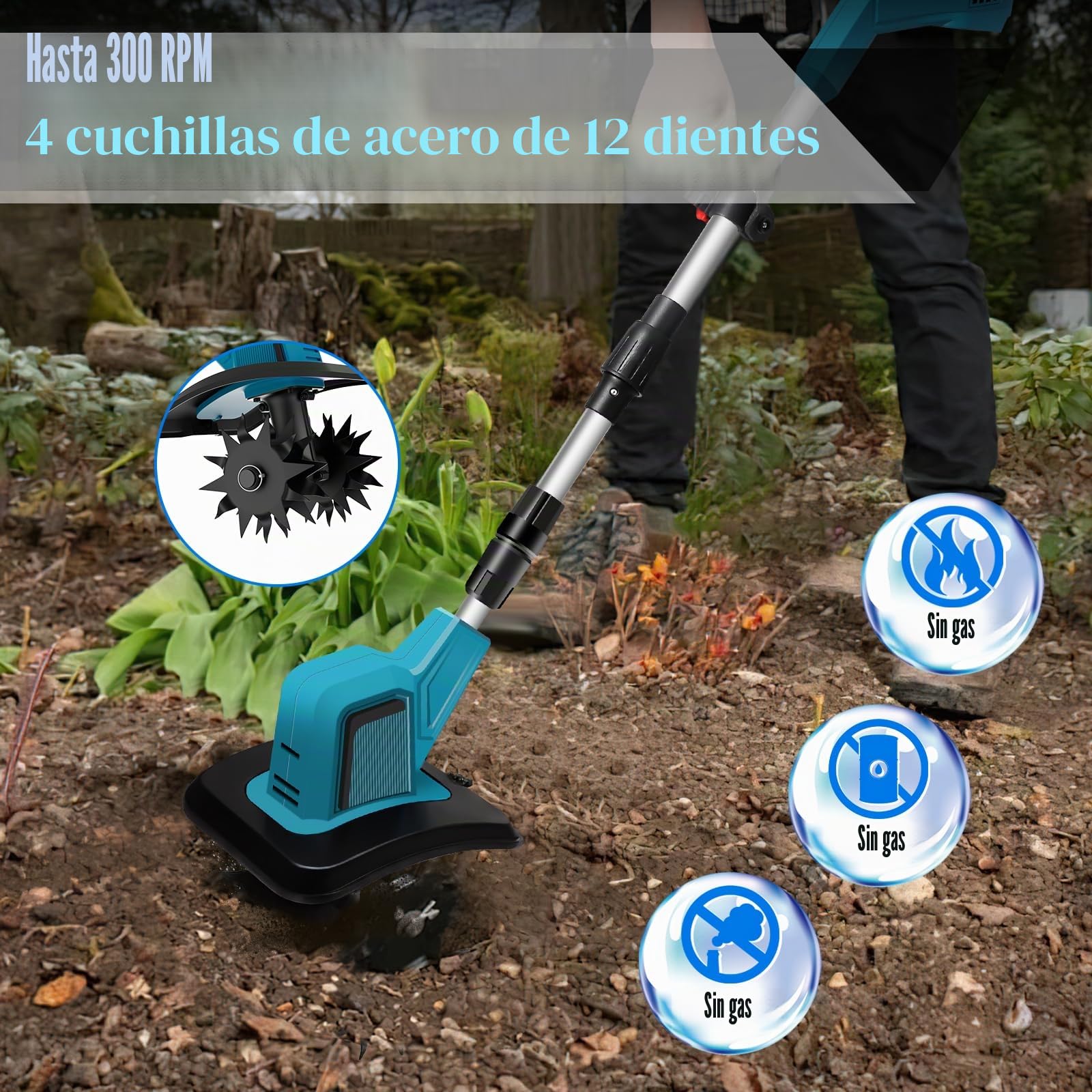 Motoazada Bateria, 21V Motoazada Eléctrica con 2 x 4,0Ah Baterías, Motor sin Escobillas de 550 W, 20 cm Ancho de Trabajo, 15 cm Profundidad de Trabajo, Cuchillas Escarificadoras, Interruptor Seguridad