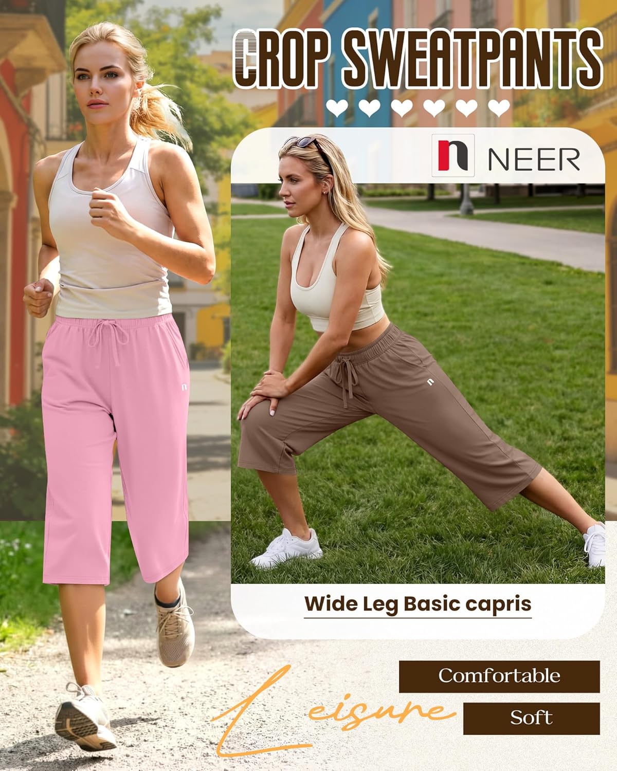 Neer 3 Pack Women's Capri Pants, Wide Leg Basic Sweatpants Lounge Loose Fit Casual Drawstring Yoga Capris with Pockets - Image 2