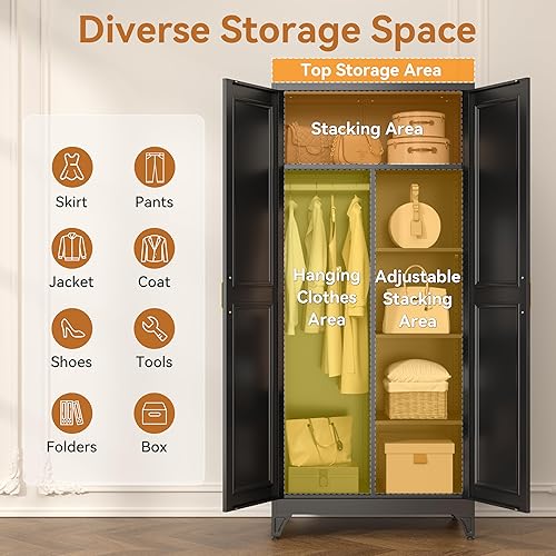 Miniatura 6 de Metal Armoire Wardrobe Closet, 71" Tall Wardrobe Cabinet with 2 Doors, Hanging Rod and Adjustable Shelves, Steel Clothing Storage Cabinet for