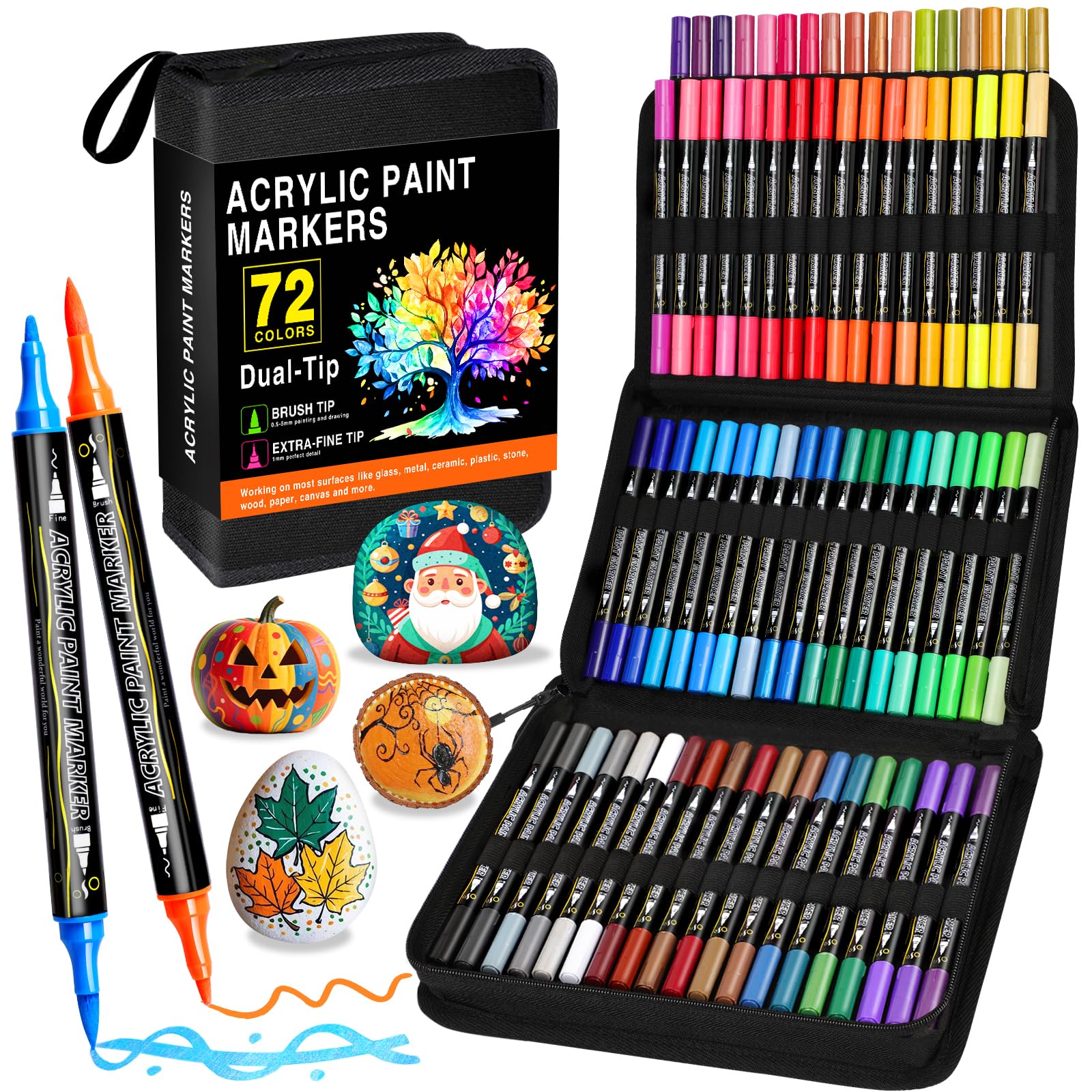Pennarelli Acrilici Doppia Punta, 72 Colori Acrylic Paint Marker Set per Adulti e Bambini, Colori Acrilici Pennarelli per Sassi, Legno, Vetro, Ceramica, Tessuto, Tela e Carta