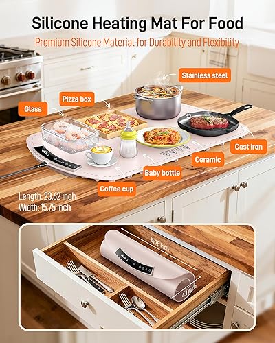 Miniatura 3 de Tapete de calentamiento para alimentos, tapete eléctrico de calentamiento de alimentos con 8 niveles de temperatura y temporizador de 4 horas,