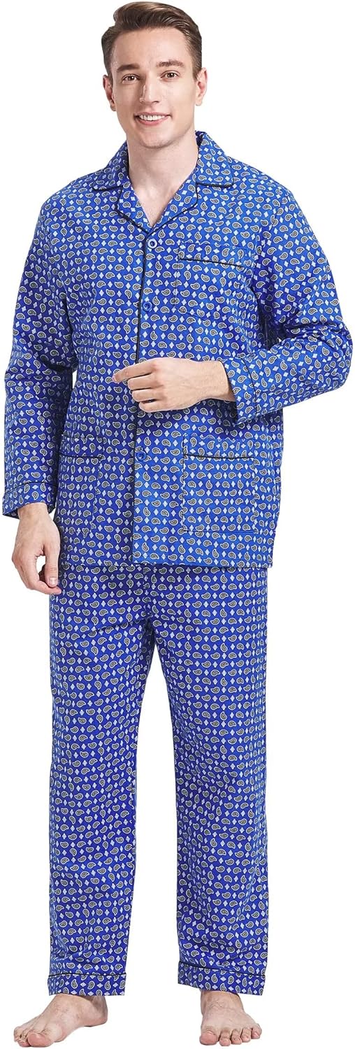 Amaxer Men’s 100% Cotton Pajamas Set Flannel Long Sleeves Pijamas For Men Pockets Button Pjs Elastic High Waist - Image 5