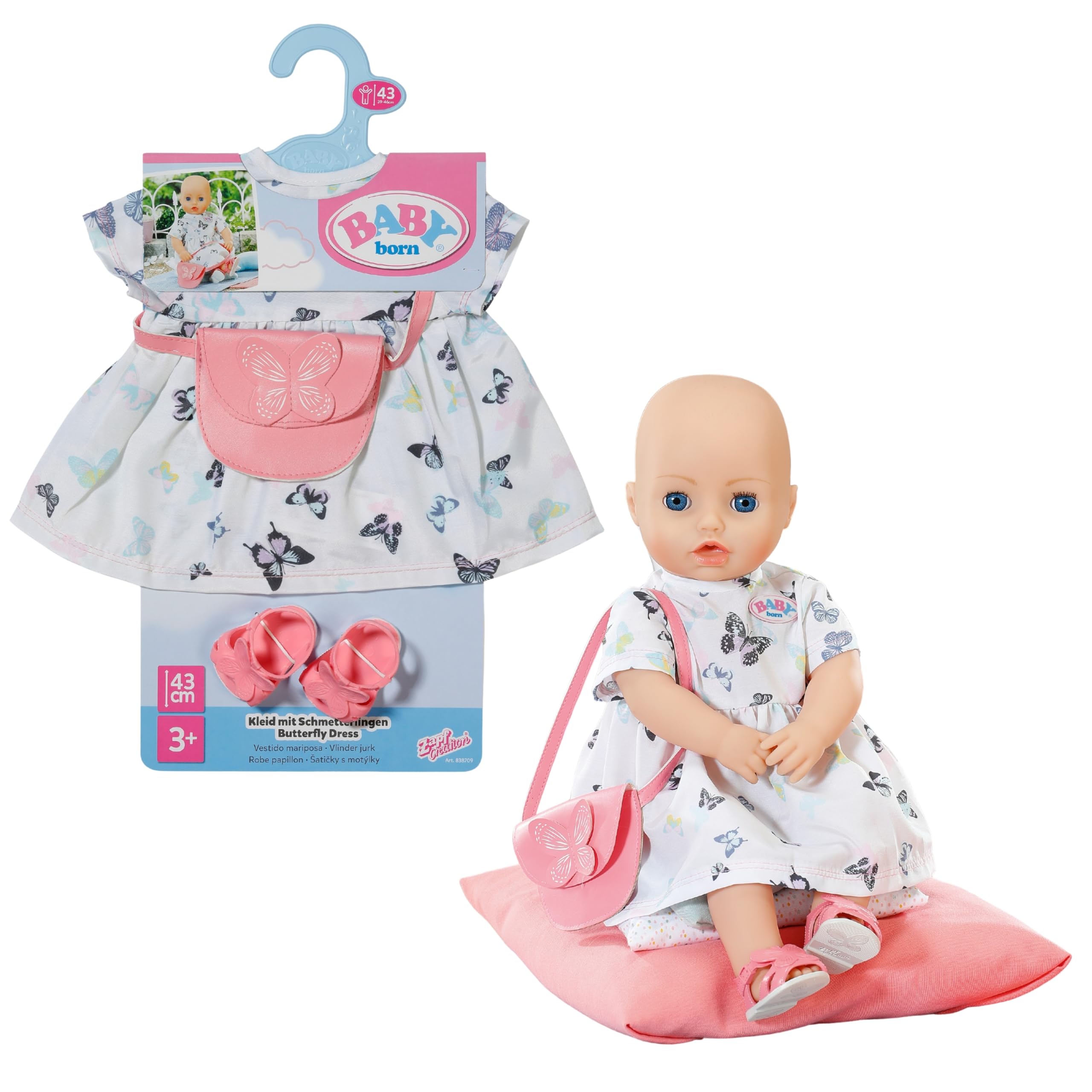 BABY Born Schmetterlingskleid - Puppenkleid mit Tasche & Schuhe - Hochwertiges Puppenzubehör - Für Puppen der Größe 43 cm