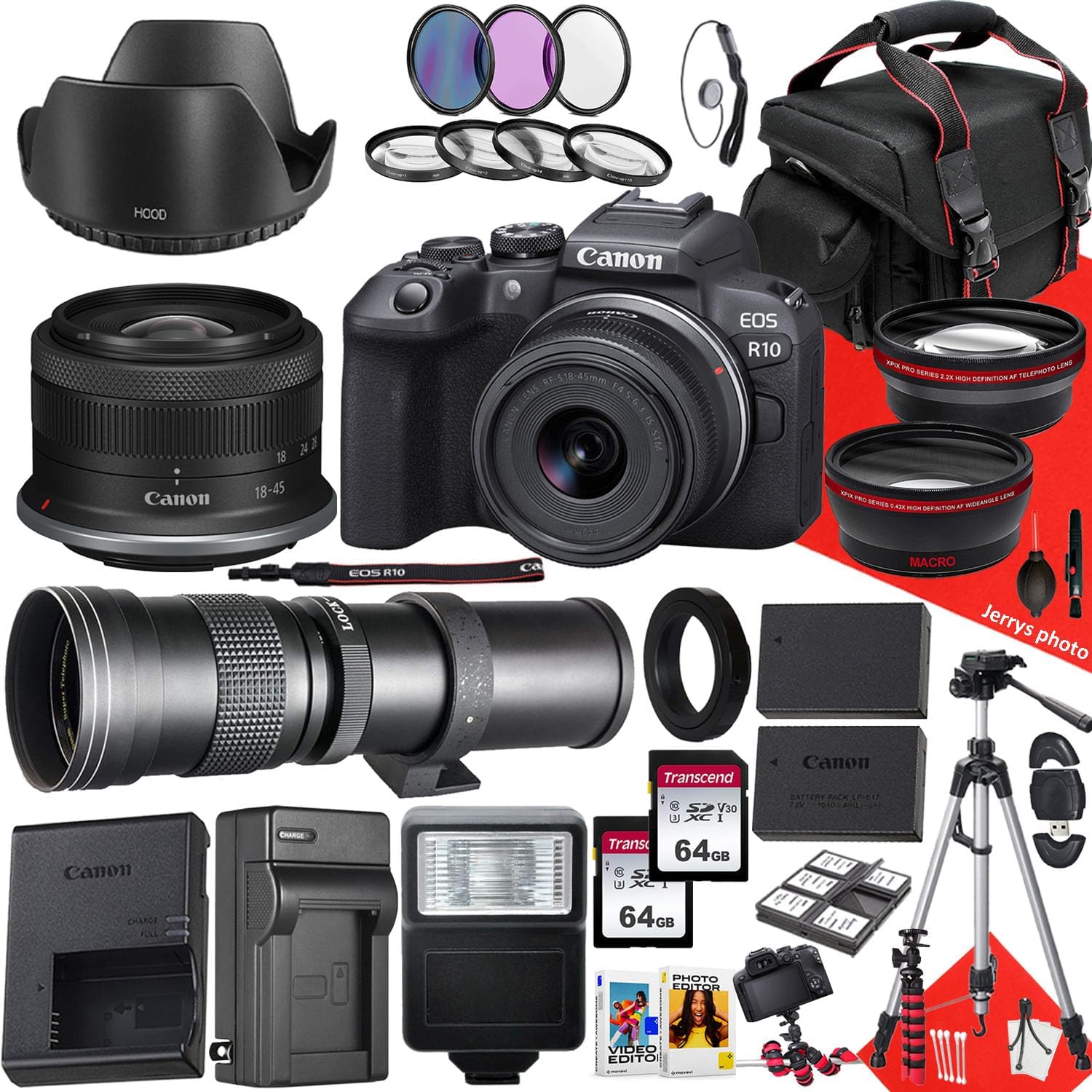 Canon EOS R10 Mirrorless Camera with RF-S 18-45mm f/4.5-6.3 is STM and 420-800mm f/8.3 HD Telephoto Zoom Lens + 128 GB Memory + Filters + Tripod + More (33pc Bundle) (Renewed)