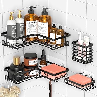 Kegii Shower Caddy Corner - 4-Piece Shower Shelf with Soap Dish & Toothbrush Holder, Black Bathroom Organiser Stainless Steel Bathroom Storage Gift for Home