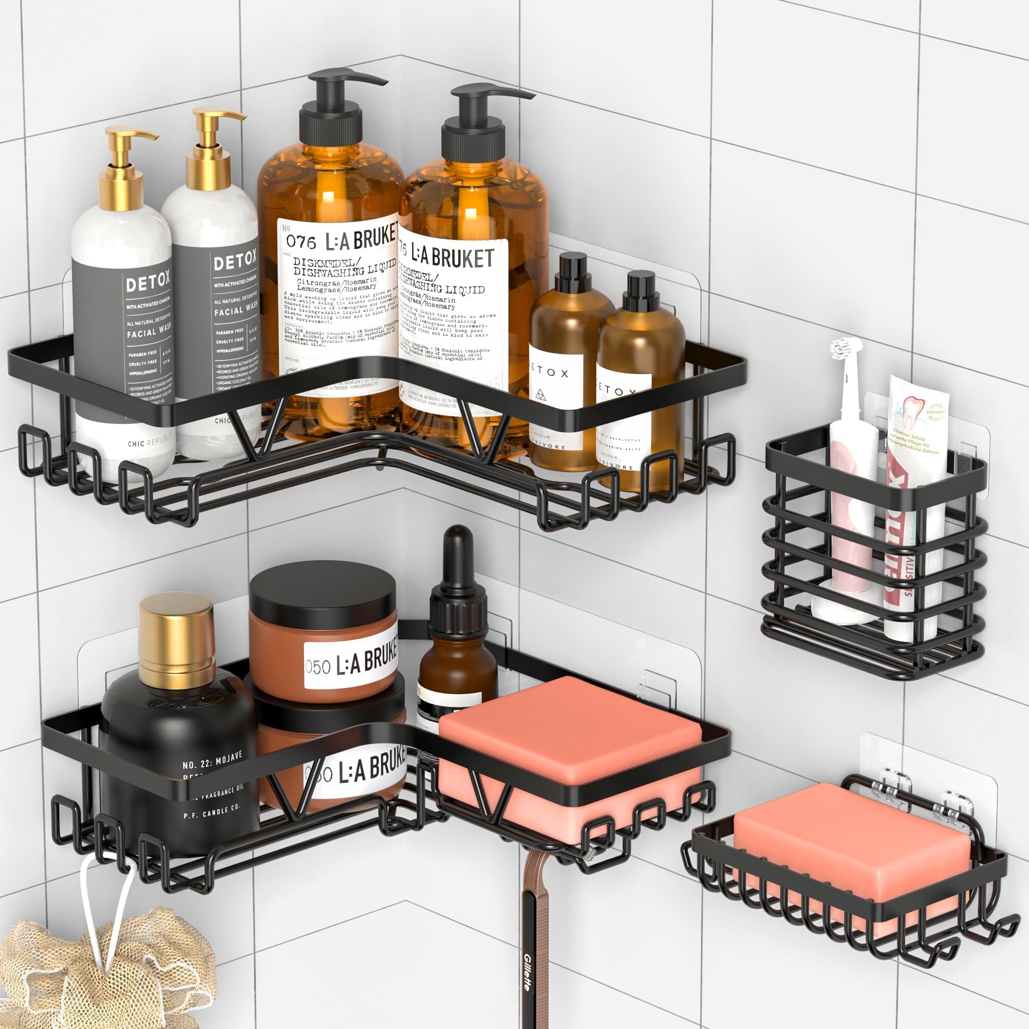 Kegii Shower Caddy Corner Black Stainless Steel Set - 4-Piece Space Saving Shower Organiser with Soap Dish & Toothbrush Holder, Bathroom Storage Gift for Home