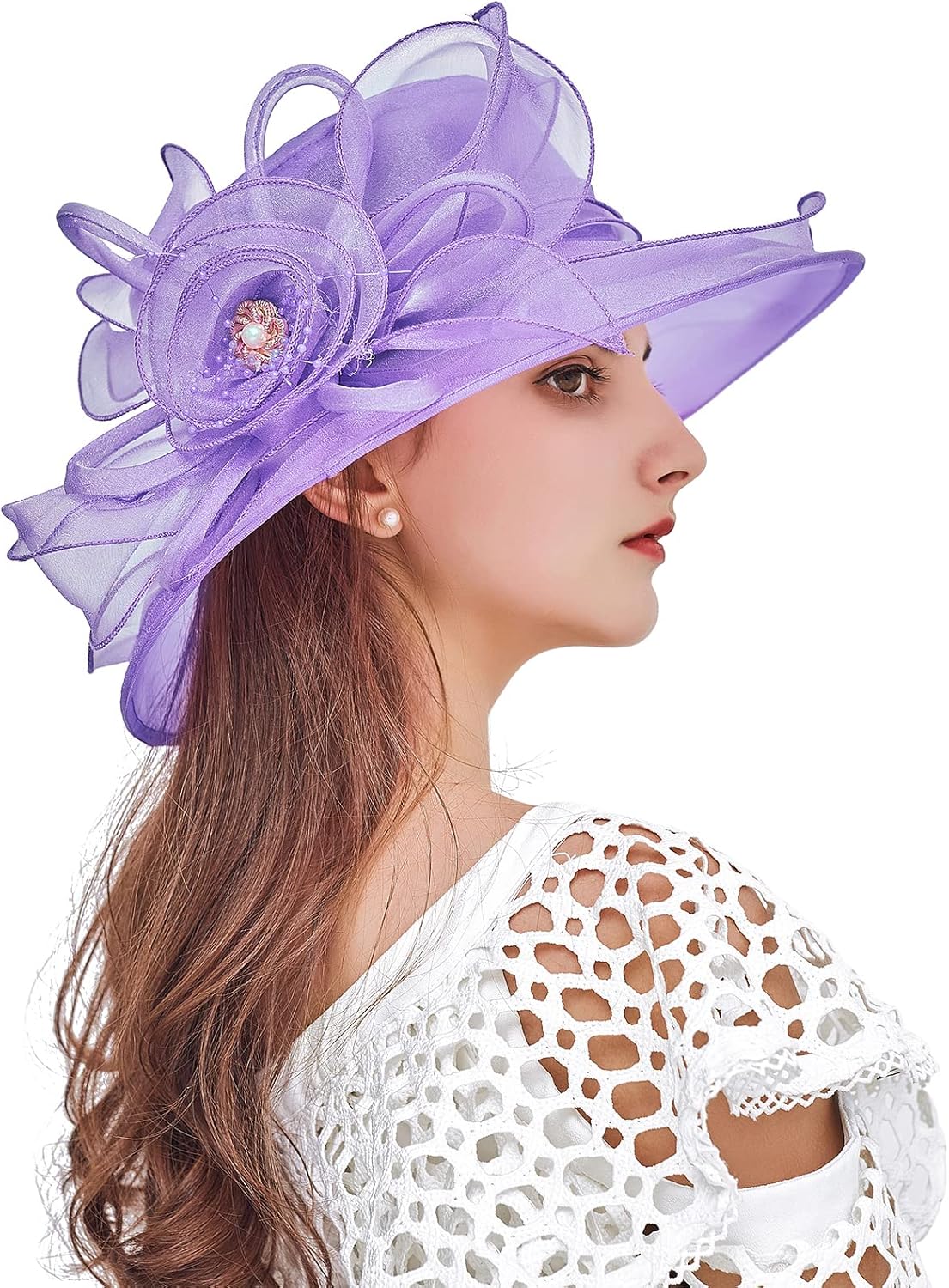 Women Derby Fascinator Hat Organza Church Wedding Hats Wide Brim Cocktail Tea Party Hat - Image 2