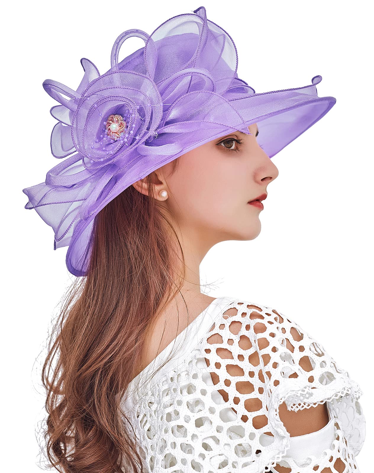 Ellydoor Women's Purple Kentucky Derby Hat Organza Fascinator Church Hat Bridal Wedding Tea Party Hat Wide Brim Sun Hat (#08 )