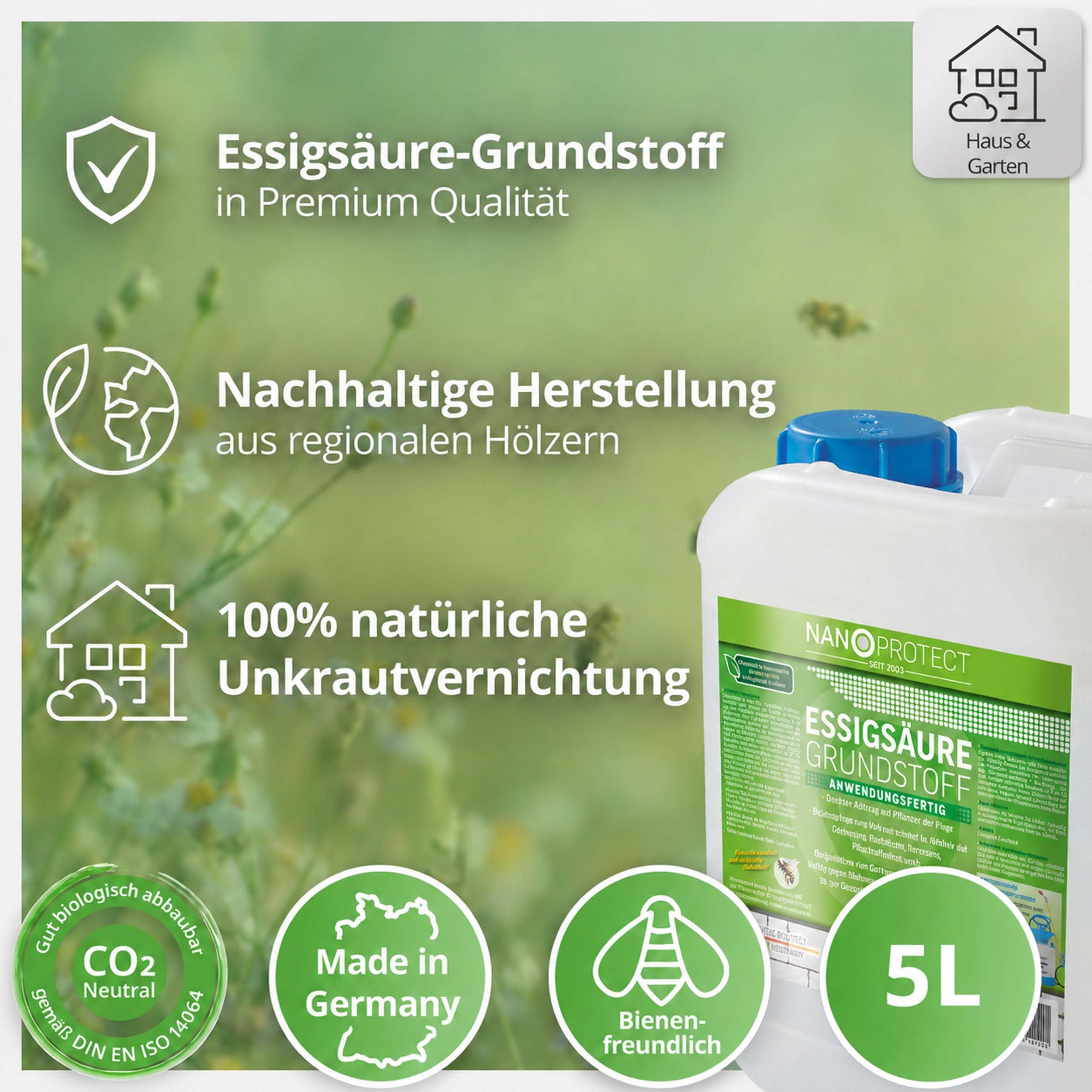 Nanoprotect Unkraut-Stopp Grundstoff Essig/Acetum 5 Liter | Natürlicher Unkrautvernichter für Wege, Pflaster & Terrassen | Biologisch abbaubar | Vinegar E 260 Lebensmittelqualität | Essigsäure