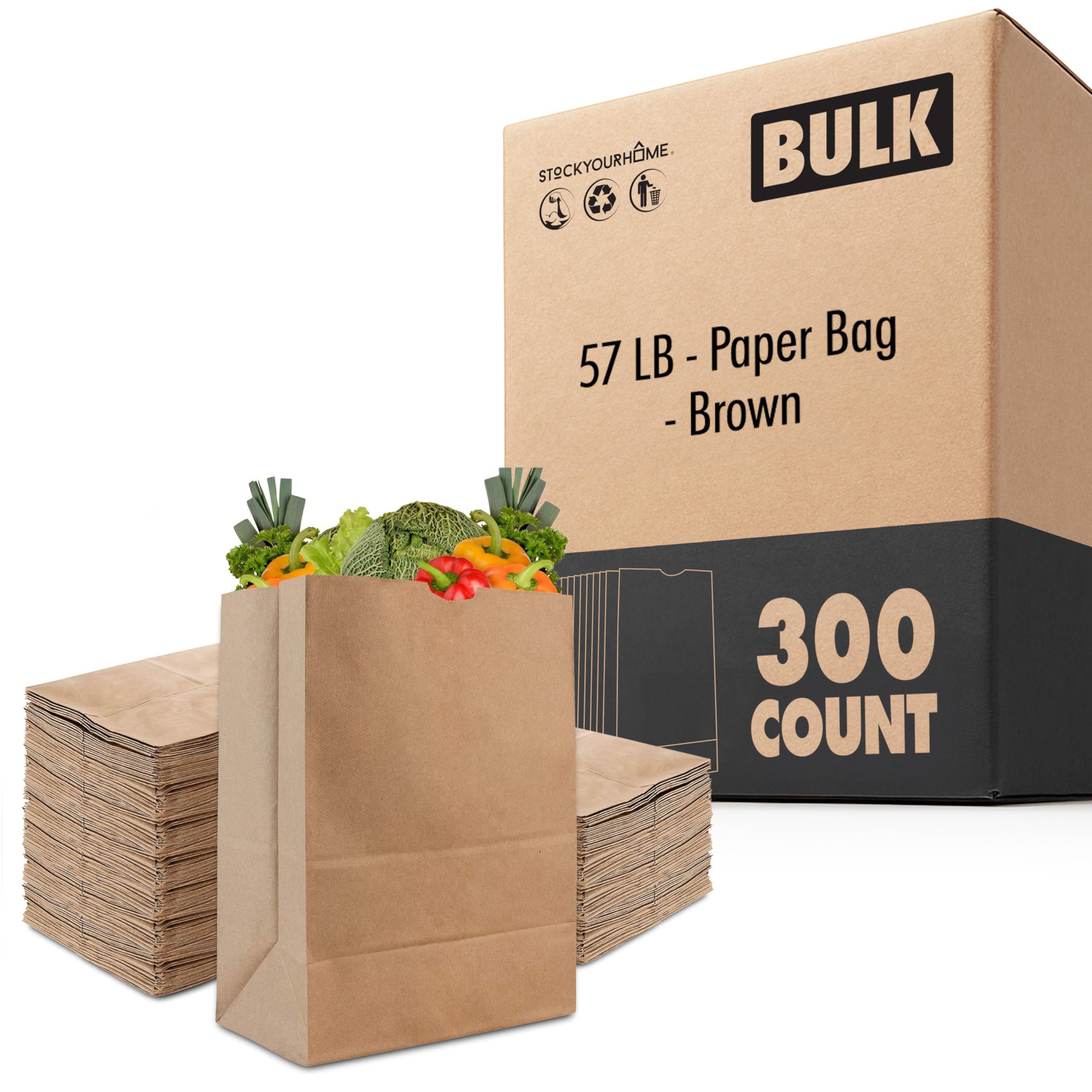 57 lb Paper Bags 300 Count by Stock Your Home – 57 lb, Paper, Brown, Pack of 300, Model SYH-1425-Case