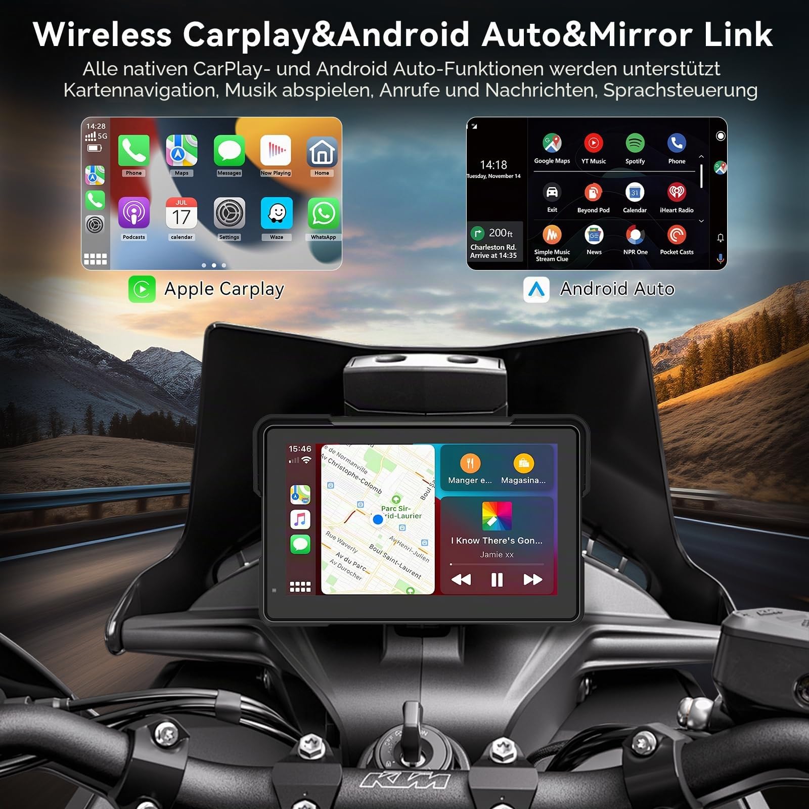 7" Motorrad CarPlay Display, Kabelloses CarPlay & Android Auto, IPX67, GPS | Kompatibel mit TPMS, Apple CarPlay & Android Auto, Dual Bluetooth, Sprachsteuerung, GPS