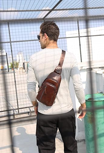 Miniatura 3 de BULLCAPTAIN Mochila bandolera de cuero genuino para hombre, mochila cruzada para viajes al aire libre, casual, mochila, Blcak