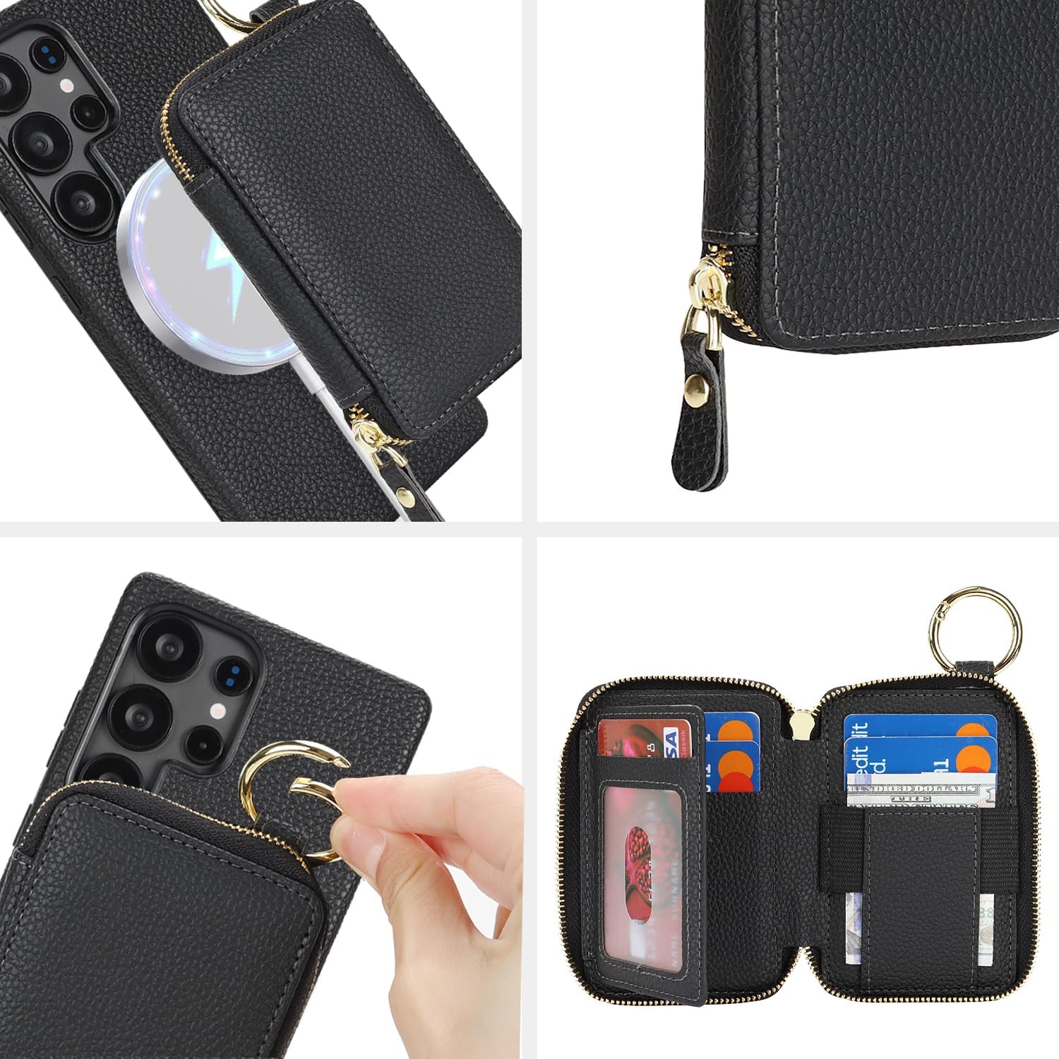 for Galaxy S25 Ultra Wallet Case with Credit Card Holder Slots, Compatible with Magsafe Magnetic 2 in 1 Detachable PU Leather Zipper Women Men Cover for GalaxyS25Ultra, 6.9 Inch -Black - Image 3