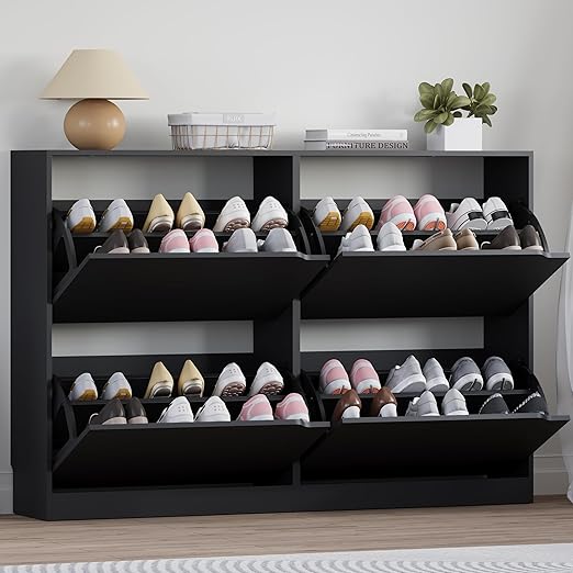 Shoe Cabinet with 4 Flip Drawers, Narrow Hidden Shoe Storage Cabinet, Slim Freestanding Shoe Rack Organizer for Entryway, Hallway, Bedroom, Living Room