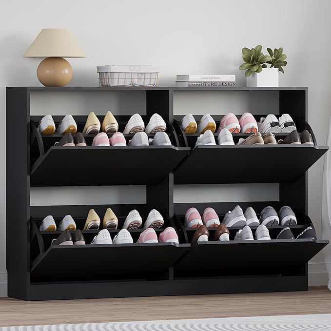 Shoe Cabinet with 4 Flip Drawers, Narrow Hidden Shoe Storage Cabinet, Slim Freestanding Shoe Rack Organizer for Entryway, Hallway, Bedroom, Living Room