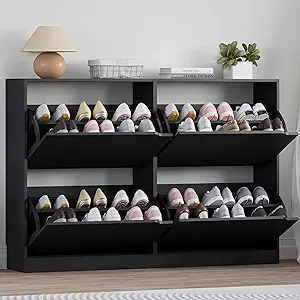 Shoe Cabinet with 4 Flip Drawers, Narrow Hidden Shoe Storage Cabinet, Slim Freestanding Shoe Rack Organizer for Entryway, Hallway, Bedroom, Living Room