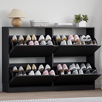 Shoe Cabinet with 4 Flip Drawers, Narrow Hidden Shoe Storage Cabinet, Slim Freestanding Shoe Rack Organizer for Entryway, Hallway, Bedroom, Living Room