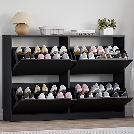 Shoe Cabinet with 4 Flip Drawers, Narrow Hidden Shoe Storage Cabinet, Slim Freestanding Shoe Rack Organizer for Entryway, Hallway, Bedroom, Living Room