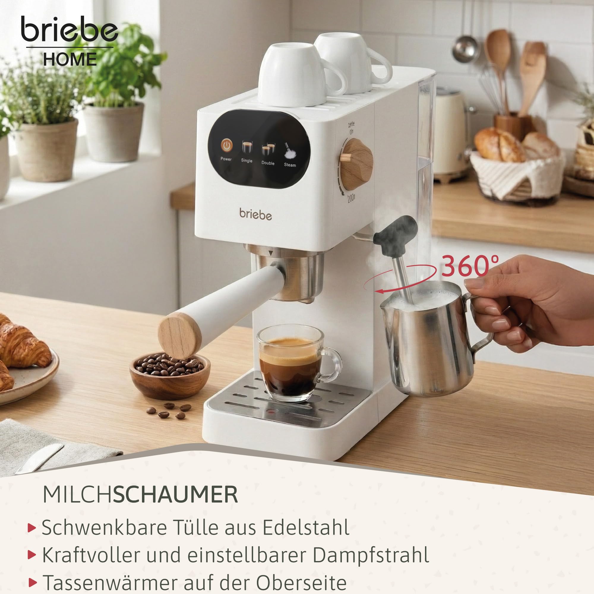 briebe Nordic Kaffeemaschine 20 Bar Kompatibel Nespresso-Kapseln und Kaffeemehl, Espresso Siebträgermaschine 1350W, Milchaufschäumer, Touch-Display, 1,2L Wassertank, Skandinavisches Design, Weiß