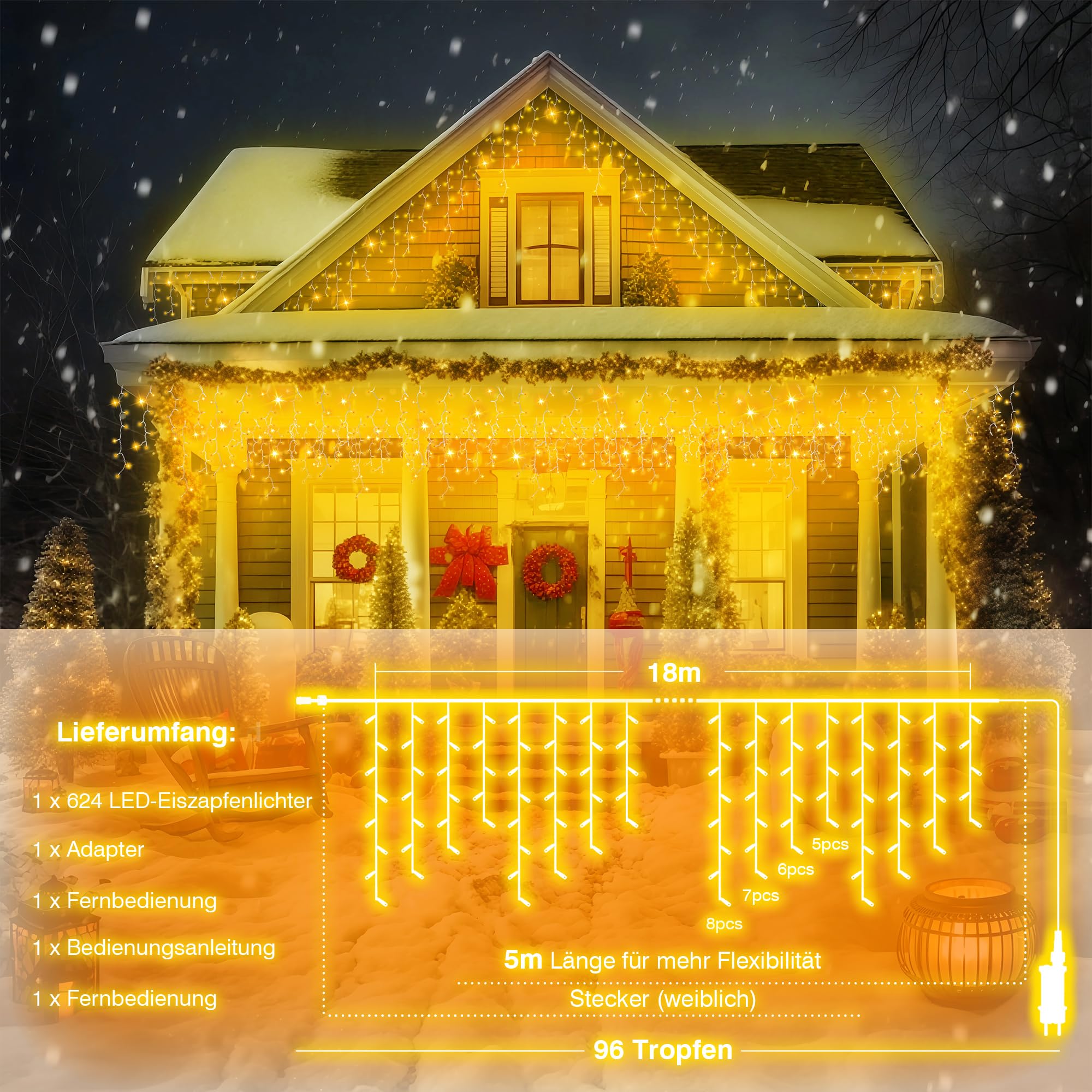 Xahpower Eisregen Lichterkette Außen, 18 m 624 LEDs Wasserdicht Lichtervorhang with Fernbedienung, 8 Modi, Wasserdichte Eiszapfen Lichterkette für Weihnachten, Hausdach, Balkon, Garten, Warmweiß
