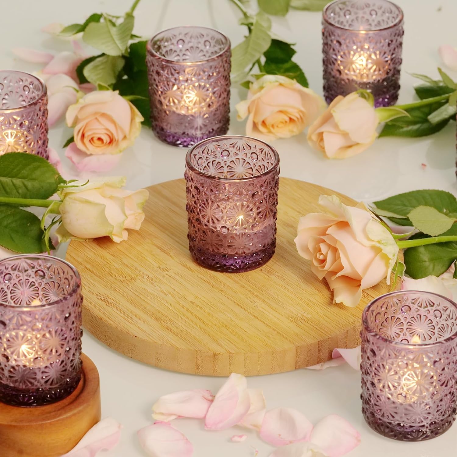 Kinoue 12 Pcs Purple Votive Candle Holders,Vintage Flower Glass Candle Holder Bulk, Tealight Candle Holders for Wedding Table Decor, Christmas, Party, Holiday