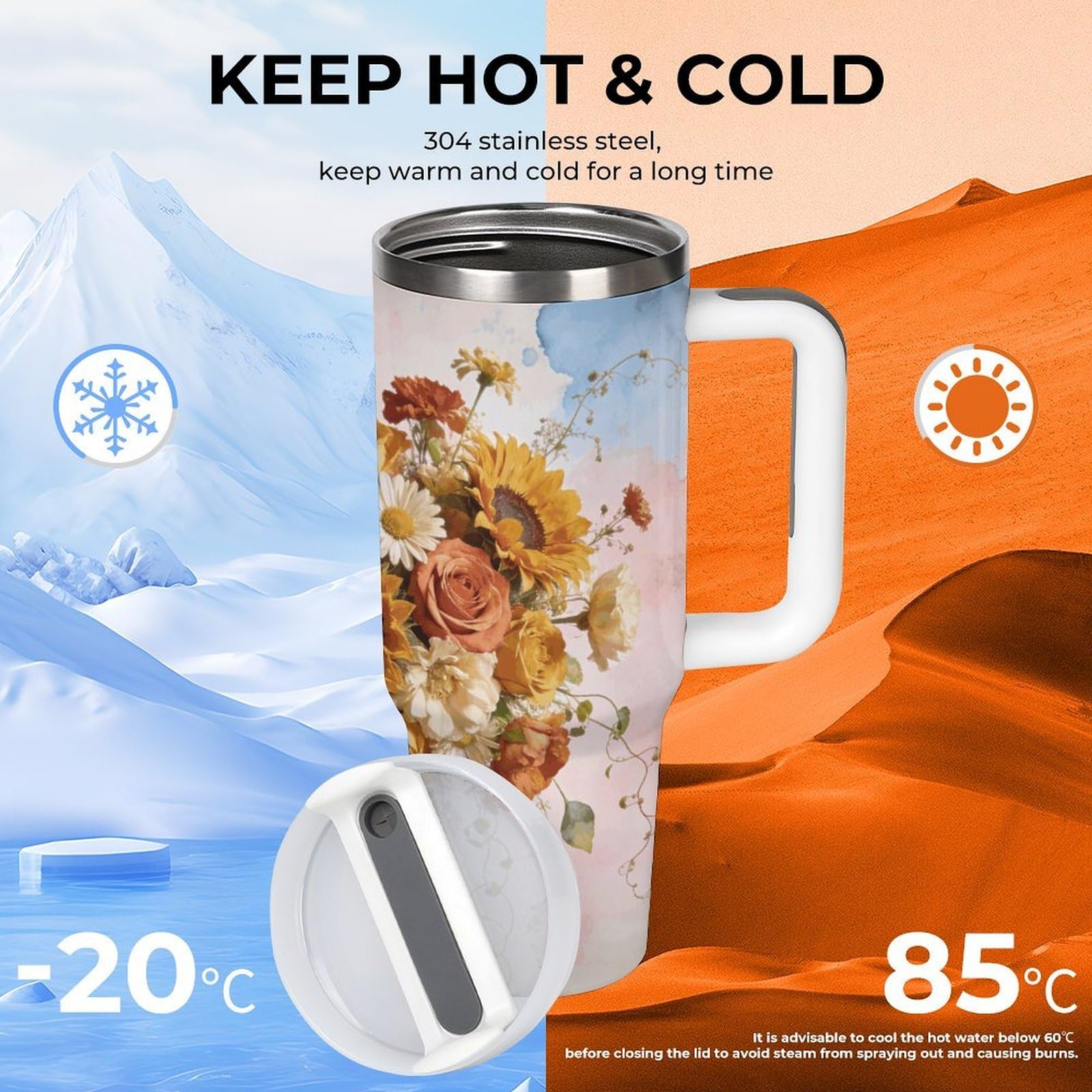 Vaso de café de viaje floral bohemio de acero inoxidable, taza de café con tapa y popote, taza con asa, gran capacidad, doble pared al vacío, taza térmica de café helado, 40 onzas