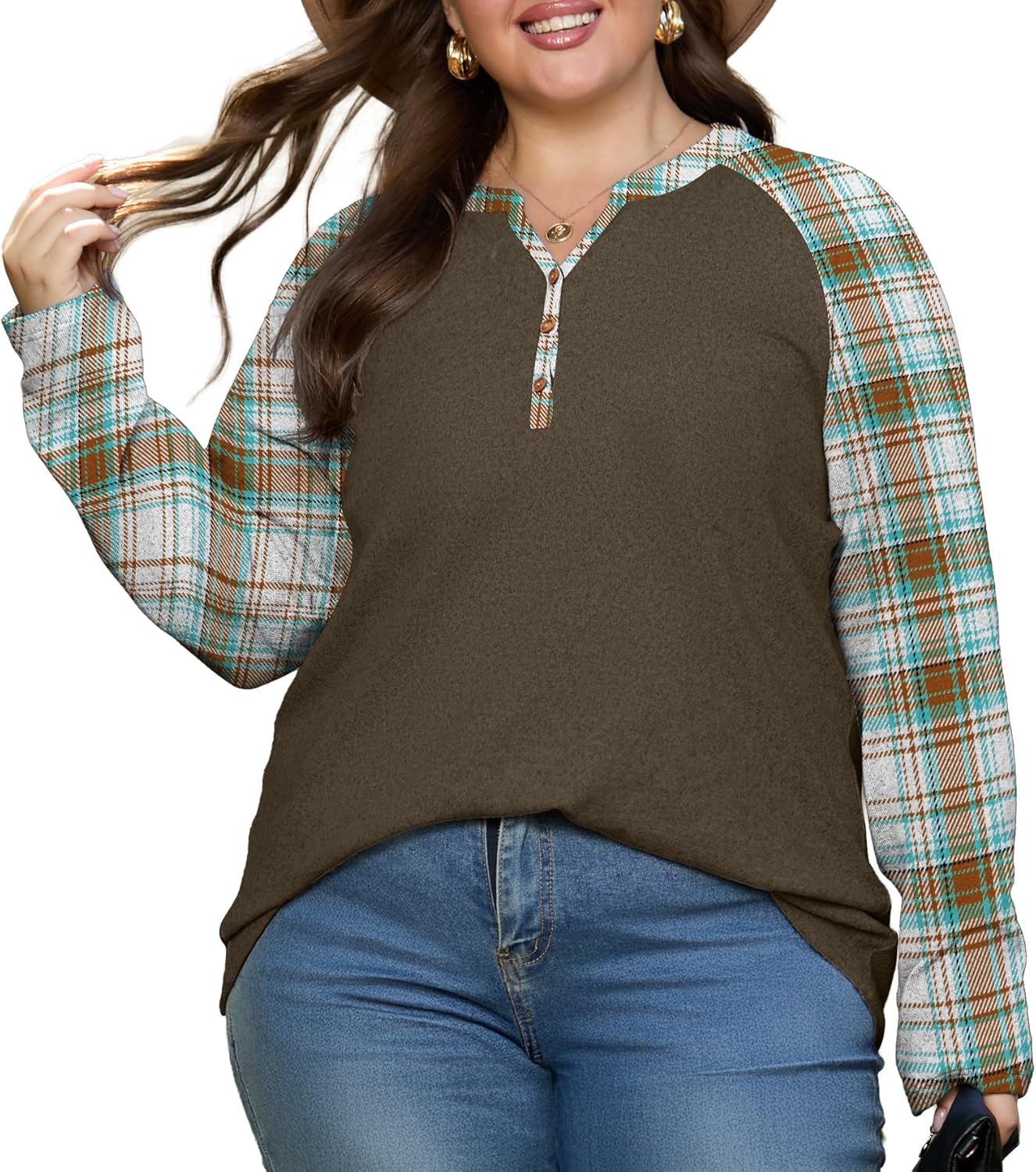 OLRIK Plus Size Tops for Women 2025 Fall Plaid Long Sleeve Henley Shirts Casual V Neck Button Tunic Tops - Image 2