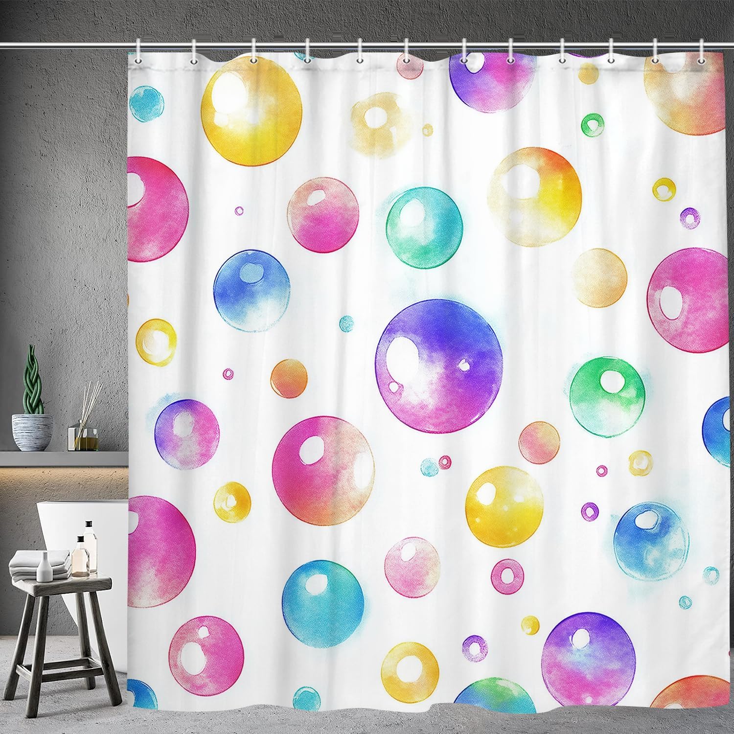 Kids Colorful Bubble Shower Curtain, Abstract Circles Children Girls Geometric Bathroom Decor, with Colorful Fabric Shower Curtains for Kids, with 12PCS Hooks, 70X75inch