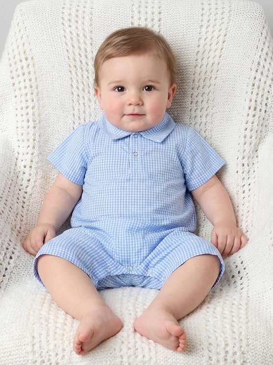 2 Pack Newborn Baby Boys' Short Sleeve Romper Soft Cotton Plaid Onesie Snap Closure Polo Summer Outfit 0-24 Months