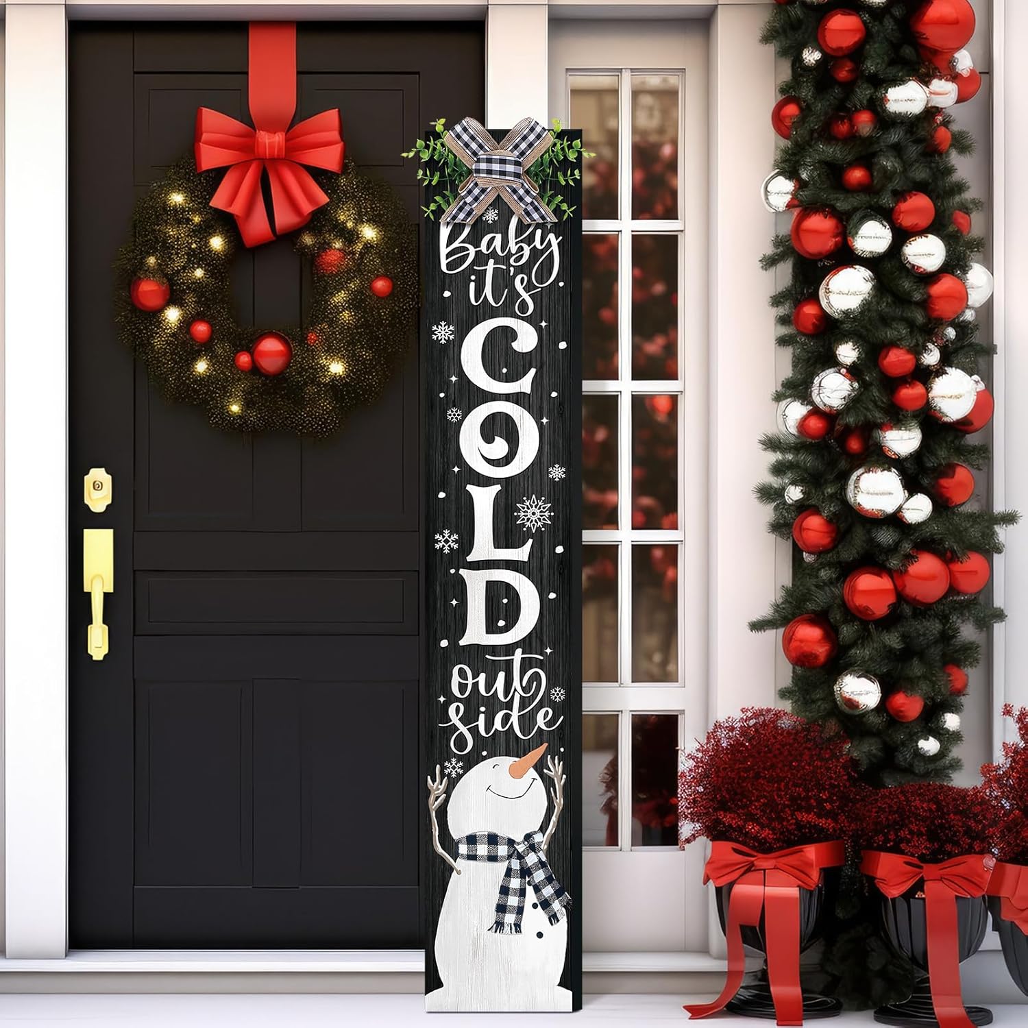 Christmas Porch Sign Merry Christmas Hanging Decor 42'' Rustic Vertical Welcome Wooden Sign with Lanyard Bowknot for Outdoor Home Front Door Porch Patio Deck Wall Indoor Farmhouse