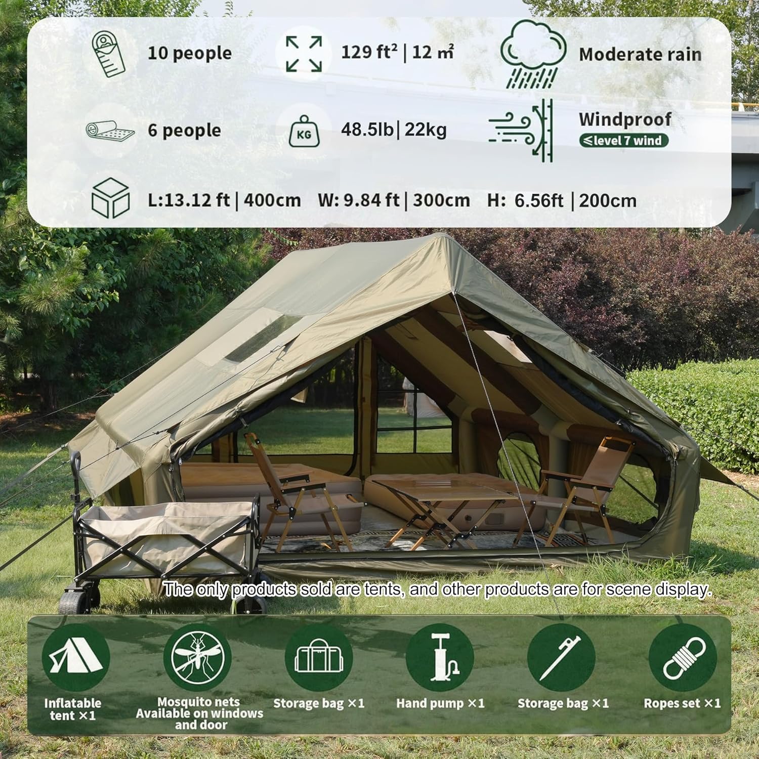Inflatable Cotton Canvas Tent, 12㎡ Waterproof & Windproof Family Shelter for 4–10 Campers, All-Season Outdoor Tent with Skylight and Stove Jack